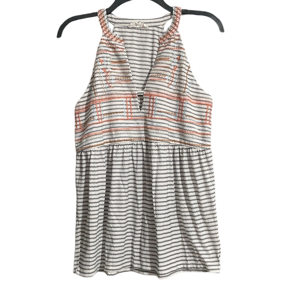 THML Geometric White and Orange Sleeveless Top